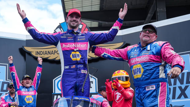 Alexander Rossi celebrates Saturday after his win on the Indianapolis Motor Speedway road course, his first triumph in over three years, breaking a 49-race winless streak. Photo: USA Today Sports / Grace Hollars.